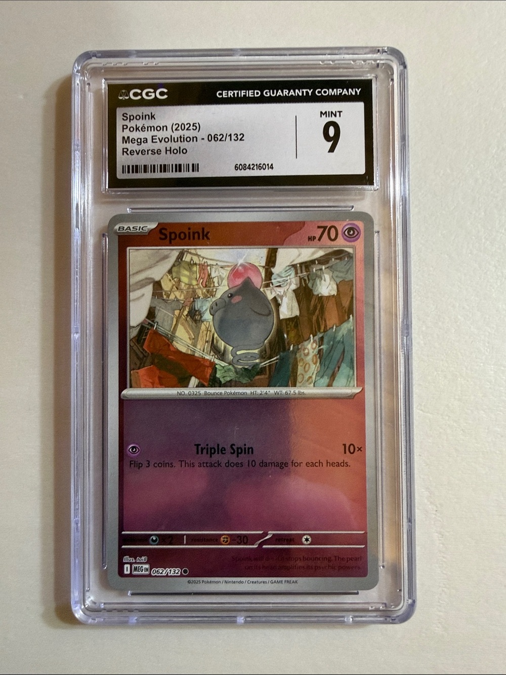 Pokemon Spoink Reverse Holo Card - Pink and Purple - CGC Mint 9